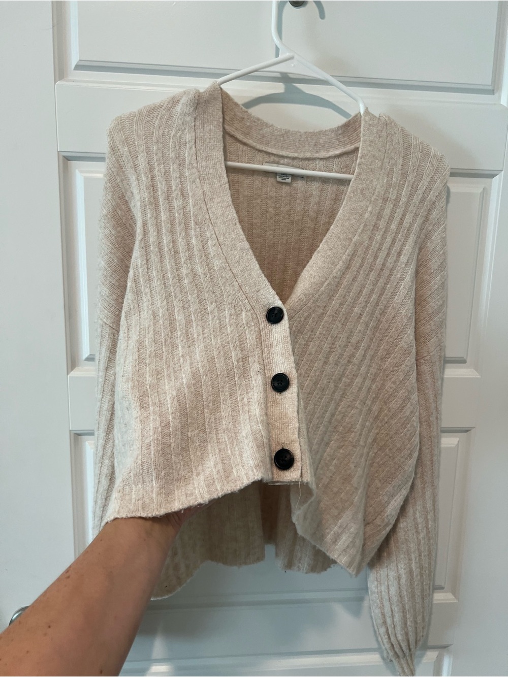 American Eagle Outfitters Cream Ribbed V-Neck Button Cardigan